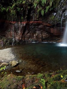 Preview wallpaper falls, stones, vegetation, gorge