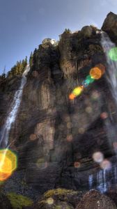 Preview wallpaper falls, sun, patches of light, beams, rock