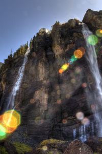 Preview wallpaper falls, sun, patches of light, beams, rock