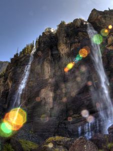 Preview wallpaper falls, sun, patches of light, beams, rock