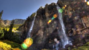 Preview wallpaper falls, sun, patches of light, beams, rock