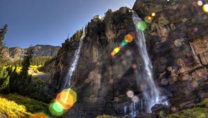 Preview wallpaper falls, sun, patches of light, beams, rock