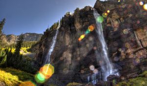 Preview wallpaper falls, sun, patches of light, beams, rock