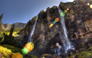 Preview wallpaper falls, sun, patches of light, beams, rock