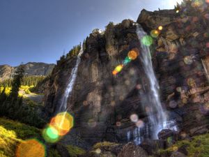 Preview wallpaper falls, sun, patches of light, beams, rock