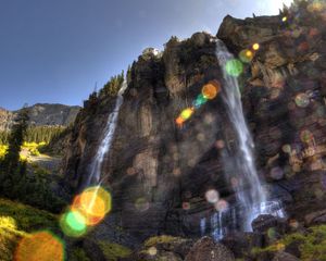 Preview wallpaper falls, sun, patches of light, beams, rock