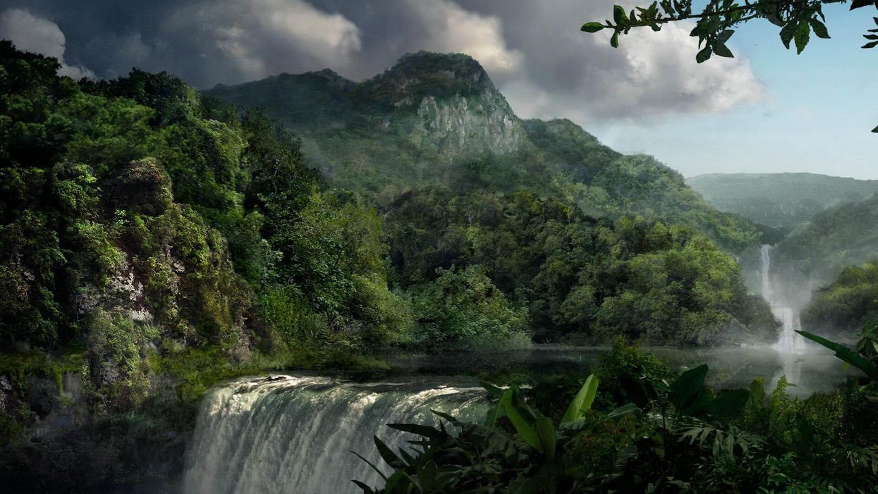 Wallpaper falls, vegetation, wood, green, clouds, before a rain