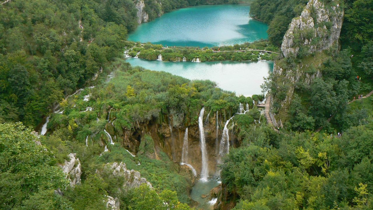 Wallpaper falls, wood, height, thickets, dam, rocks