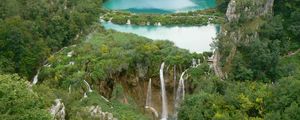 Preview wallpaper falls, wood, height, thickets, dam, rocks