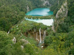 Preview wallpaper falls, wood, height, thickets, dam, rocks