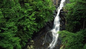 Preview wallpaper falls, wood, stones, height, trees, green, rocks