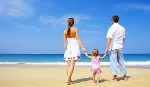 Preview wallpaper family, child, sand, beach, sea, happiness
