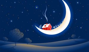 Preview wallpaper fantastic, month, stars, winter, snow, house, smoke, trees