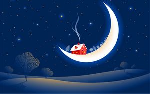 Preview wallpaper fantastic, month, stars, winter, snow, house, smoke, trees