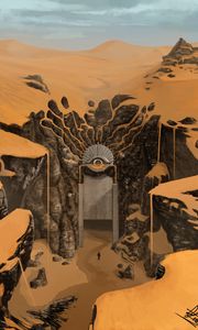 Preview wallpaper fantasy, door, traveler, rocks, desert, art