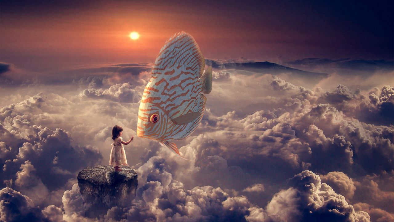 Wallpaper fantasy, girl, fish, clouds, sky