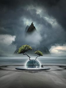 Preview wallpaper fantasy, tree, clouds, fog, ball, mountain