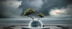 Preview wallpaper fantasy, tree, clouds, fog, ball, mountain