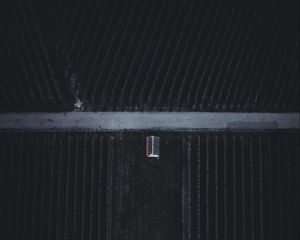 Preview wallpaper farm, road, house, field, garden, aerial view, dark