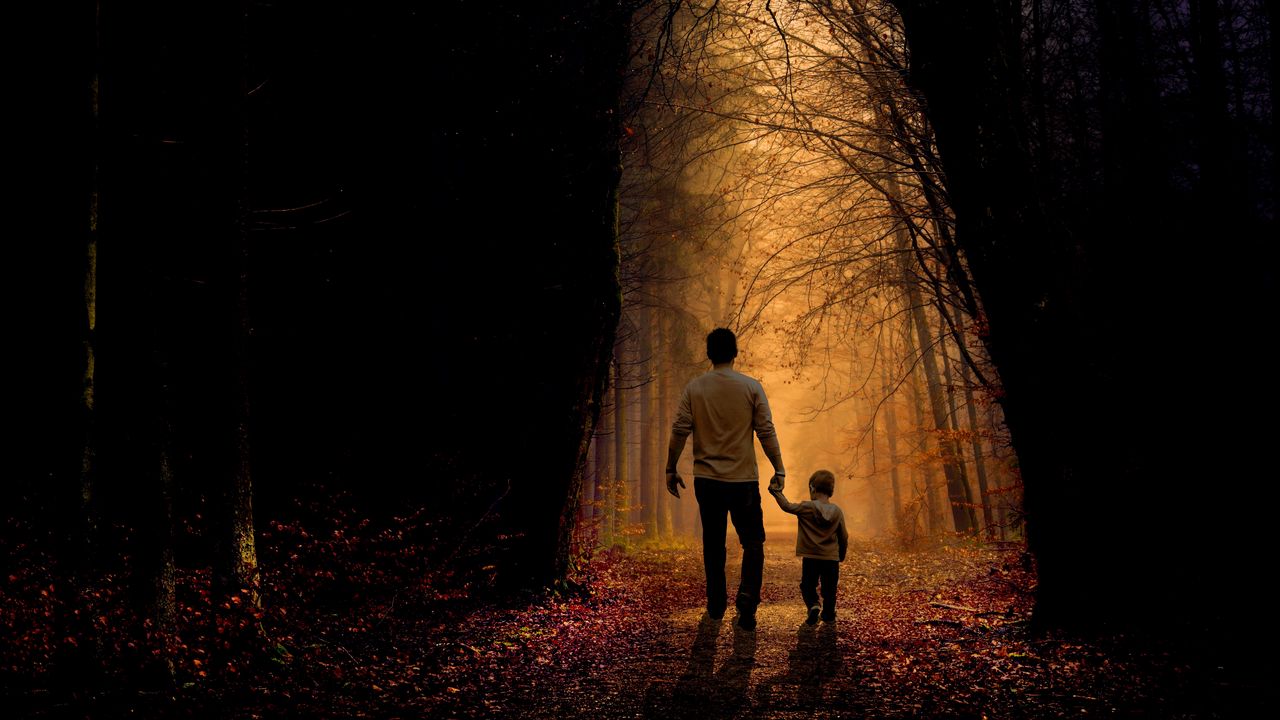 Wallpaper father, son, family, child, forest