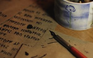 Preview wallpaper feather, ink, runes, paper, candle