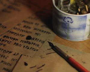 Preview wallpaper feather, ink, runes, paper, candle