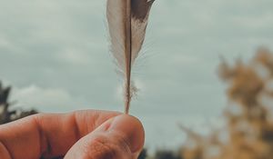 Preview wallpaper feather, macro, hand, focus