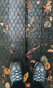 Preview wallpaper feet, autumn, foliage, rain