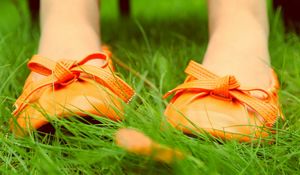 Preview wallpaper feet, ballet flats, sneakers, shoes, grass