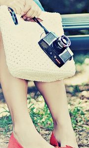 Preview wallpaper feet, girl, bench, camera