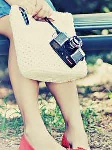 Preview wallpaper feet, girl, bench, camera