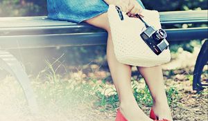 Preview wallpaper feet, girl, bench, camera