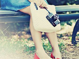 Preview wallpaper feet, girl, bench, camera