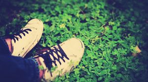 Preview wallpaper feet, grass, shoelaces, shoes