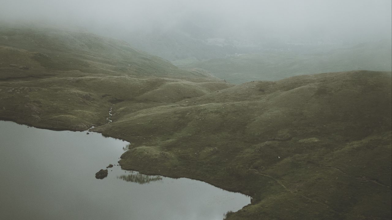Wallpaper feet, lake, fog, hills, slope