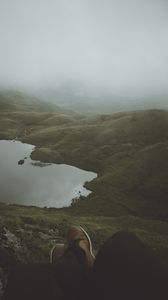 Preview wallpaper feet, lake, fog, hills, slope