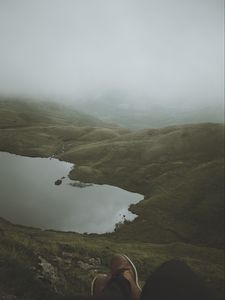 Preview wallpaper feet, lake, fog, hills, slope