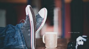 Preview wallpaper feet, shoes, cup, mood