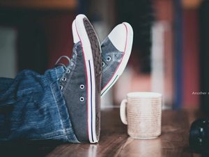 Preview wallpaper feet, shoes, cup, mood