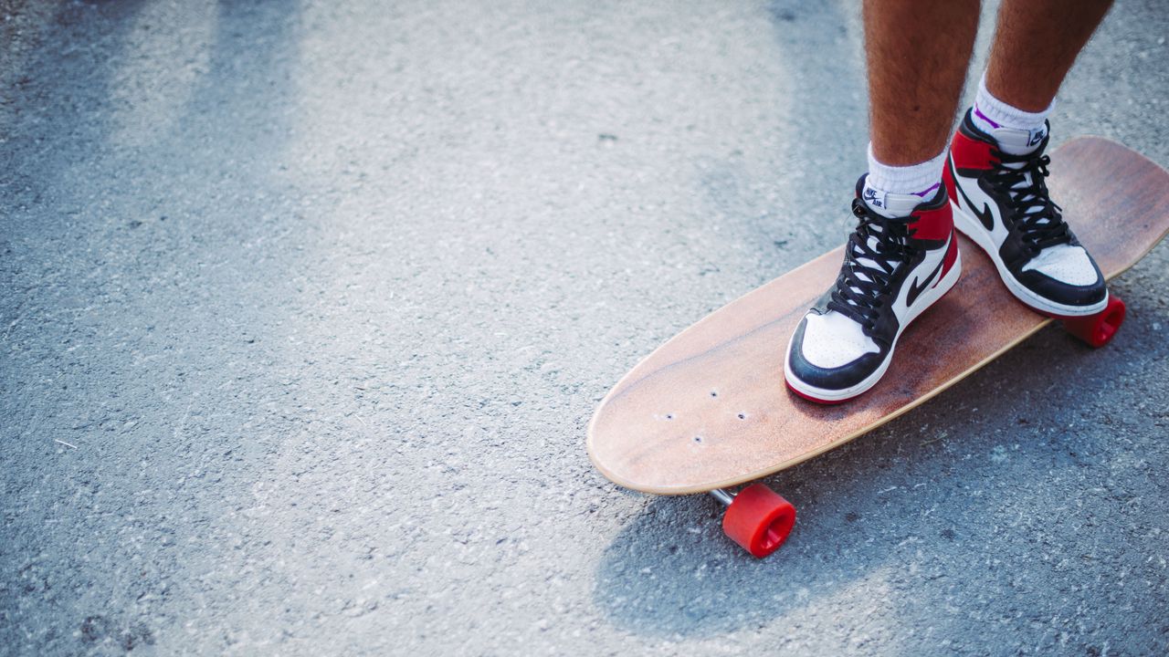 Wallpaper feet, skateboard, longboard, sneakers, asphalt