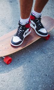 Preview wallpaper feet, skateboard, longboard, sneakers, asphalt