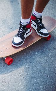 Preview wallpaper feet, skateboard, longboard, sneakers, asphalt