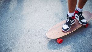 Preview wallpaper feet, skateboard, longboard, sneakers, asphalt