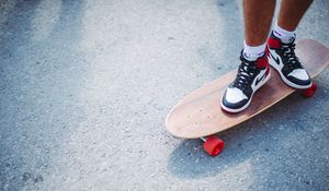 Preview wallpaper feet, skateboard, longboard, sneakers, asphalt