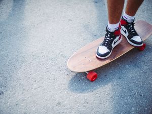 Preview wallpaper feet, skateboard, longboard, sneakers, asphalt