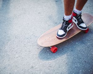 Preview wallpaper feet, skateboard, longboard, sneakers, asphalt