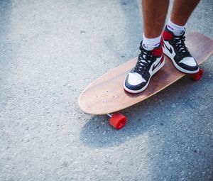 Preview wallpaper feet, skateboard, longboard, sneakers, asphalt