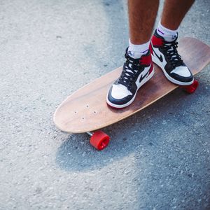 Preview wallpaper feet, skateboard, longboard, sneakers, asphalt