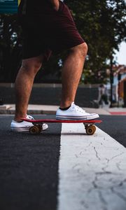 Preview wallpaper feet, skateboard, sneakers, asphalt, hands