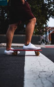 Preview wallpaper feet, skateboard, sneakers, asphalt, hands